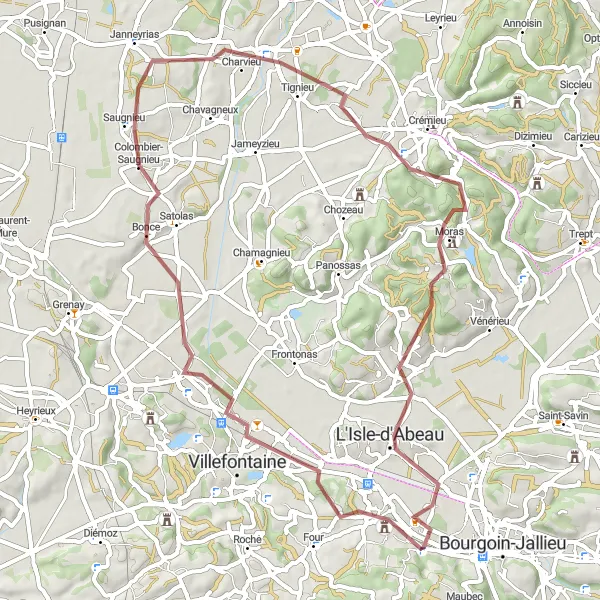 Map miniature of "Domarin - L'Isle-d'Abeau Loop" cycling inspiration in Rhône-Alpes, France. Generated by Tarmacs.app cycling route planner