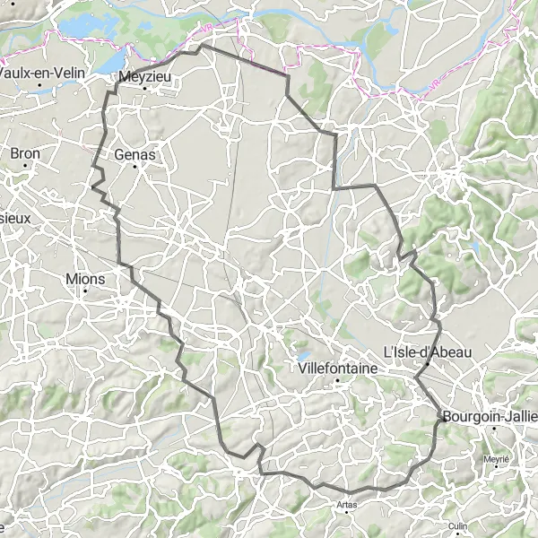 Map miniature of "Domarin - Jonage Loop" cycling inspiration in Rhône-Alpes, France. Generated by Tarmacs.app cycling route planner