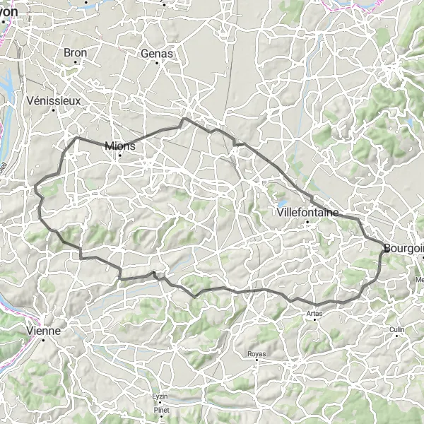 Miniatua del mapa de inspiración ciclista "Ruta en bicicleta de carretera desde Domarin" en Rhône-Alpes, France. Generado por Tarmacs.app planificador de rutas ciclistas