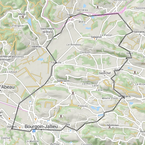 Map miniature of "Domarin to Bourgoin-Jallieu Road Route" cycling inspiration in Rhône-Alpes, France. Generated by Tarmacs.app cycling route planner