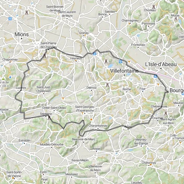 Miniature de la carte de l'inspiration cycliste "Le Tour des Collines" dans la Rhône-Alpes, France. Générée par le planificateur d'itinéraire cycliste Tarmacs.app