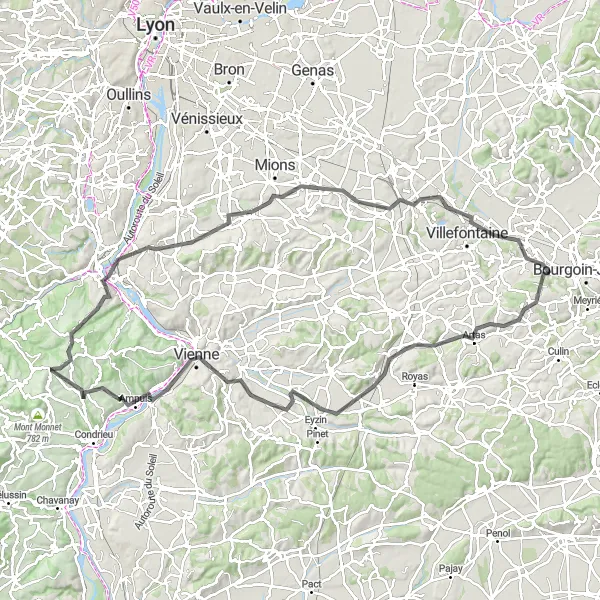 Miniature de la carte de l'inspiration cycliste "Le Tour des Coteaux du Rhône" dans la Rhône-Alpes, France. Générée par le planificateur d'itinéraire cycliste Tarmacs.app