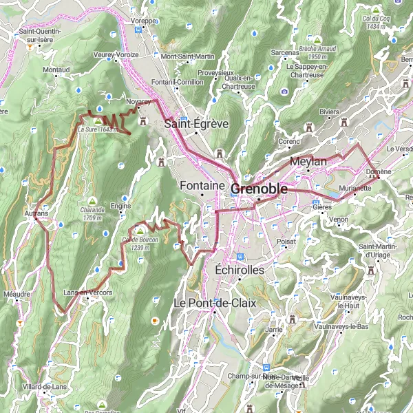 Map miniature of "Domène - Lans-en-Vercors Circuit" cycling inspiration in Rhône-Alpes, France. Generated by Tarmacs.app cycling route planner