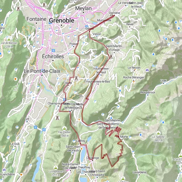 Miniature de la carte de l'inspiration cycliste "Parcours gravel de Domène aux Charmettes" dans la Rhône-Alpes, France. Générée par le planificateur d'itinéraire cycliste Tarmacs.app