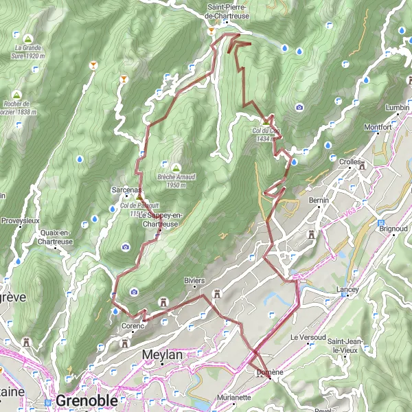 Map miniature of "Corenc - Lans-en-Vercors Loop" cycling inspiration in Rhône-Alpes, France. Generated by Tarmacs.app cycling route planner