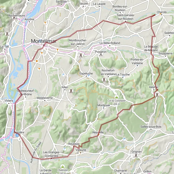 Miniatua del mapa de inspiración ciclista "Ruta de Grava Belvédère de la Vierge - Les Granges-Gontardes" en Rhône-Alpes, France. Generado por Tarmacs.app planificador de rutas ciclistas