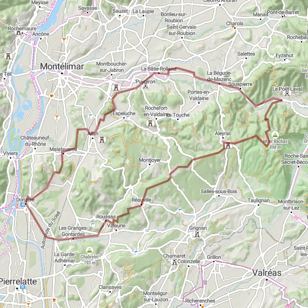 Miniatua del mapa de inspiración ciclista "Ruta de Grava hacia Les Granges-Gontardes" en Rhône-Alpes, France. Generado por Tarmacs.app planificador de rutas ciclistas
