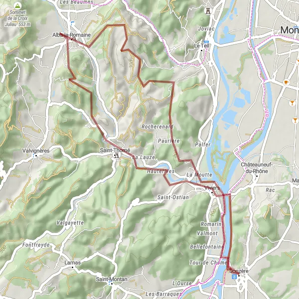 Miniatura della mappa di ispirazione al ciclismo "Giro in bicicletta su sterrato vicino a Donzère" nella regione di Rhône-Alpes, France. Generata da Tarmacs.app, pianificatore di rotte ciclistiche