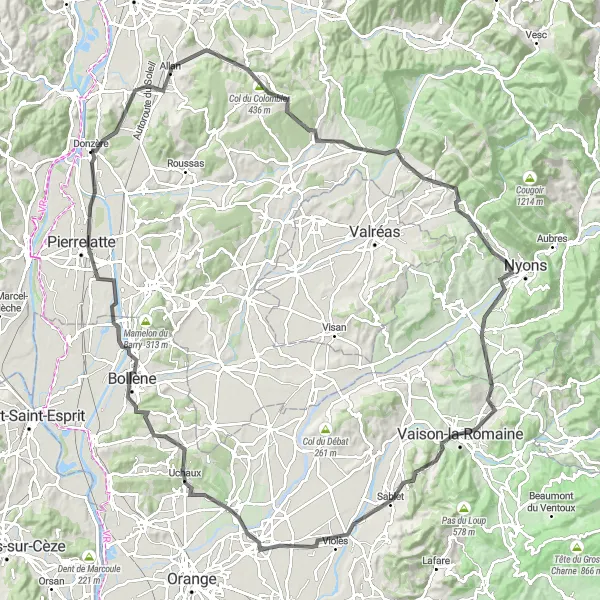 Zemljevid v pomanjšavi "Kolesarska pot Espeluche" kolesarske inspiracije v Rhône-Alpes, France. Generirano z načrtovalcem kolesarskih poti Tarmacs.app