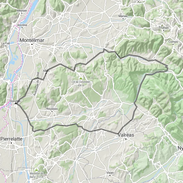 Map miniature of "The Vistas of Drôme Provençale" cycling inspiration in Rhône-Alpes, France. Generated by Tarmacs.app cycling route planner