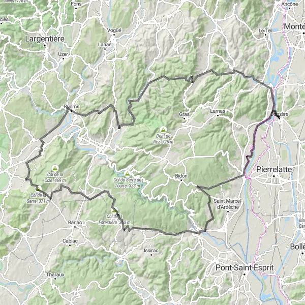 Map miniature of "Ardèche Adventure: Gorges and Beyond" cycling inspiration in Rhône-Alpes, France. Generated by Tarmacs.app cycling route planner