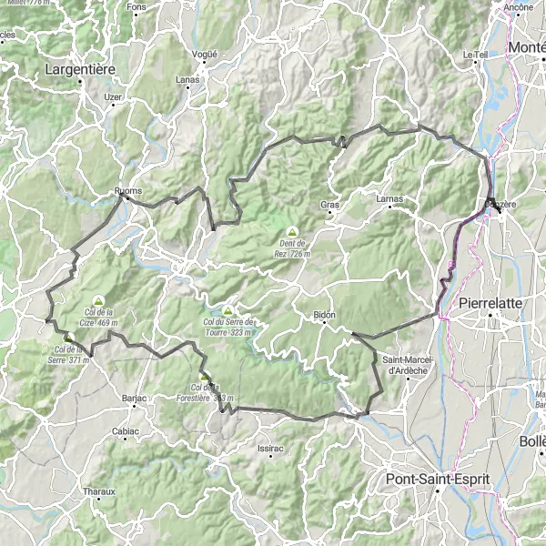 Miniatuurkaart van de fietsinspiratie "Avontuur door Les gorges de la Beaume" in Rhône-Alpes, France. Gemaakt door de Tarmacs.app fietsrouteplanner