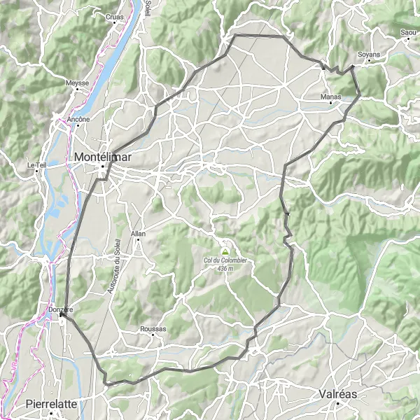 Karten-Miniaturansicht der Radinspiration "Kurvenreiche Straßen um Montélimar" in Rhône-Alpes, France. Erstellt vom Tarmacs.app-Routenplaner für Radtouren