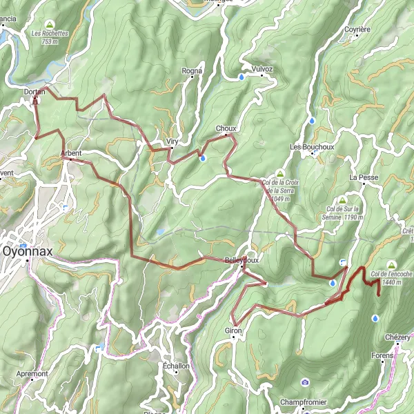 Miniaturní mapa "Gravelová trasa kolem Dortanu" inspirace pro cyklisty v oblasti Rhône-Alpes, France. Vytvořeno pomocí plánovače tras Tarmacs.app