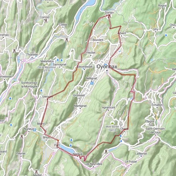 Mapa miniatúra "Gravel cyklotrasa cez Izernore" cyklistická inšpirácia v Rhône-Alpes, France. Vygenerované cyklistickým plánovačom trás Tarmacs.app