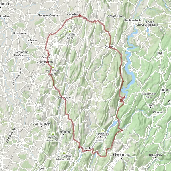 Miniatuurkaart van de fietsinspiratie "Bergachtige Gravel Avontuur" in Rhône-Alpes, France. Gemaakt door de Tarmacs.app fietsrouteplanner