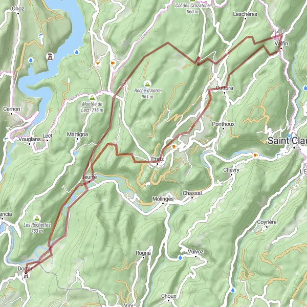 Miniature de la carte de l'inspiration cycliste "La Traversée des Vallons Jurassiens" dans la Rhône-Alpes, France. Générée par le planificateur d'itinéraire cycliste Tarmacs.app