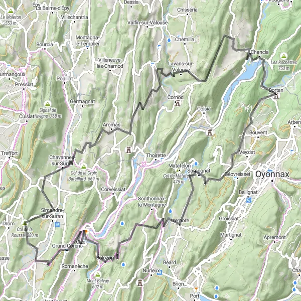 Miniatuurkaart van de fietsinspiratie "Circuit de la Boucle de l'Ain" in Rhône-Alpes, France. Gemaakt door de Tarmacs.app fietsrouteplanner