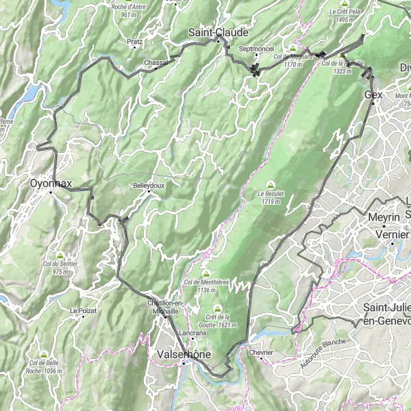 Miniaturní mapa "Cestní okruh kolem Dortan" inspirace pro cyklisty v oblasti Rhône-Alpes, France. Vytvořeno pomocí plánovače tras Tarmacs.app