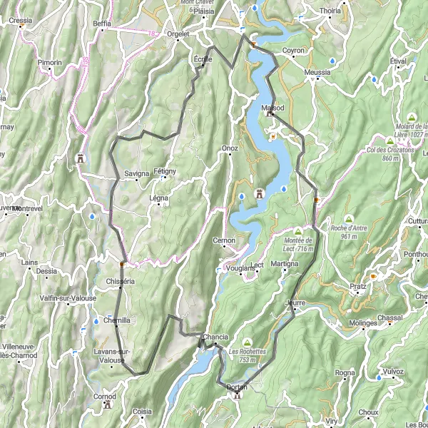 Miniature de la carte de l'inspiration cycliste "Boucle panoramique vers La Tour-du-Meix" dans la Rhône-Alpes, France. Générée par le planificateur d'itinéraire cycliste Tarmacs.app