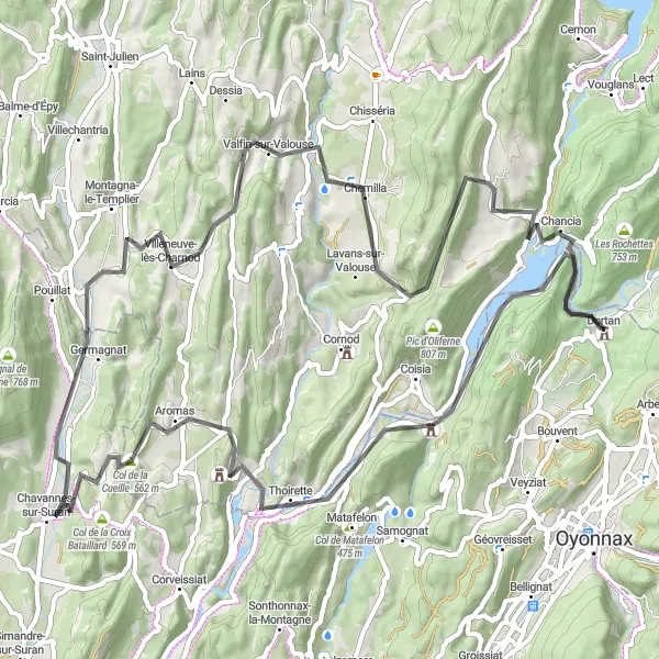 Miniature de la carte de l'inspiration cycliste "Circuit de la Bresse" dans la Rhône-Alpes, France. Générée par le planificateur d'itinéraire cycliste Tarmacs.app