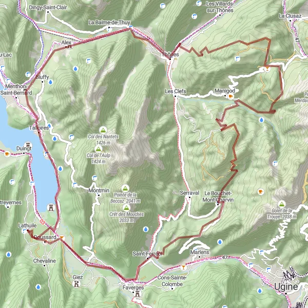 Miniature de la carte de l'inspiration cycliste "Les chemins de gravel" dans la Rhône-Alpes, France. Générée par le planificateur d'itinéraire cycliste Tarmacs.app