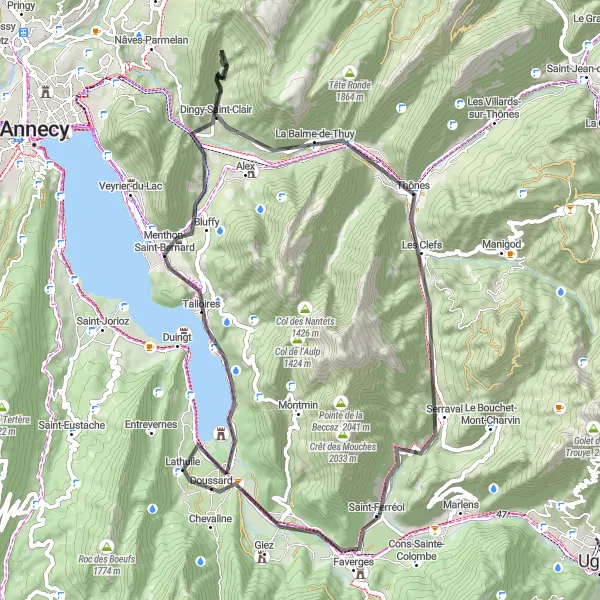 Miniaturní mapa "Trasa přes Montagne de Lachat a Roc de Viuz" inspirace pro cyklisty v oblasti Rhône-Alpes, France. Vytvořeno pomocí plánovače tras Tarmacs.app