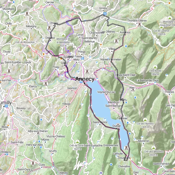 Zemljevid v pomanjšavi "Čarobna cestna kolesarska pot skozi Doussard" kolesarske inspiracije v Rhône-Alpes, France. Generirano z načrtovalcem kolesarskih poti Tarmacs.app