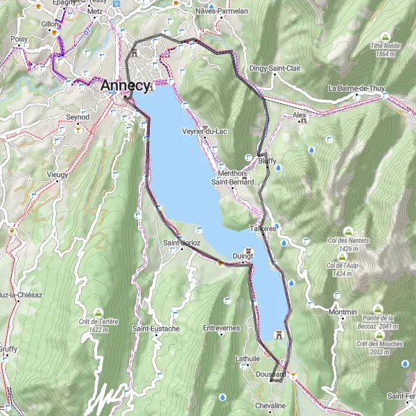 Karttaminiaatyyri "Pyöräilyreitti Doussardin läheisyydestä: 46 km, 594 m nousua" pyöräilyinspiraatiosta alueella Rhône-Alpes, France. Luotu Tarmacs.app pyöräilyreittisuunnittelijalla