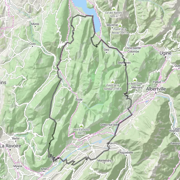 Mapa miniatúra "Alpské horské panoráma" cyklistická inšpirácia v Rhône-Alpes, France. Vygenerované cyklistickým plánovačom trás Tarmacs.app