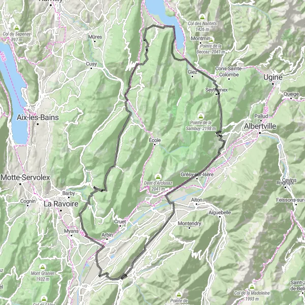 Kartminiatyr av "Rundtur fra Doussard til Montmélian" sykkelinspirasjon i Rhône-Alpes, France. Generert av Tarmacs.app sykkelrutoplanlegger