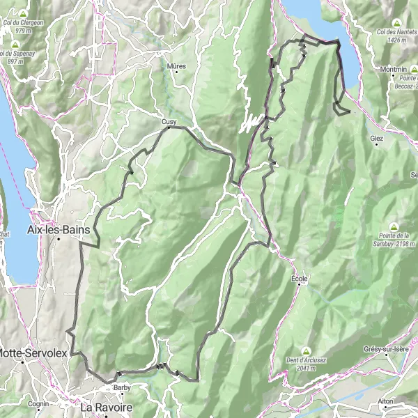 Map miniature of "Bauges Mountains Loop" cycling inspiration in Rhône-Alpes, France. Generated by Tarmacs.app cycling route planner