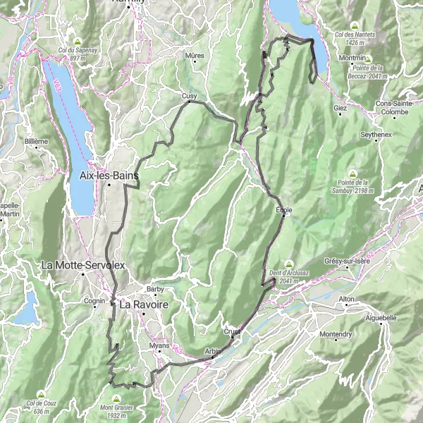 Miniaturní mapa "Cyklotrasa okolo Doussard" inspirace pro cyklisty v oblasti Rhône-Alpes, France. Vytvořeno pomocí plánovače tras Tarmacs.app