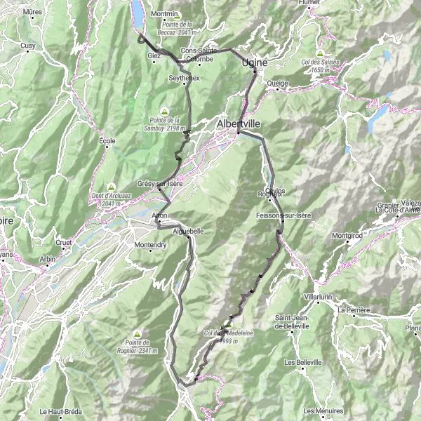 Karttaminiaatyyri "Vuoristoreitti Albertvillessa" pyöräilyinspiraatiosta alueella Rhône-Alpes, France. Luotu Tarmacs.app pyöräilyreittisuunnittelijalla