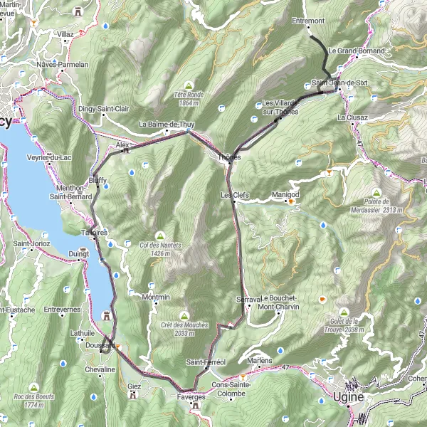 Mapa miniatúra "Cyklistická trasa cez Col de Bluffy a Thônes" cyklistická inšpirácia v Rhône-Alpes, France. Vygenerované cyklistickým plánovačom trás Tarmacs.app