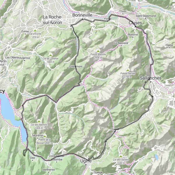 Miniaturní mapa "Trasa z Doussardu přes Faverges a Ugine" inspirace pro cyklisty v oblasti Rhône-Alpes, France. Vytvořeno pomocí plánovače tras Tarmacs.app