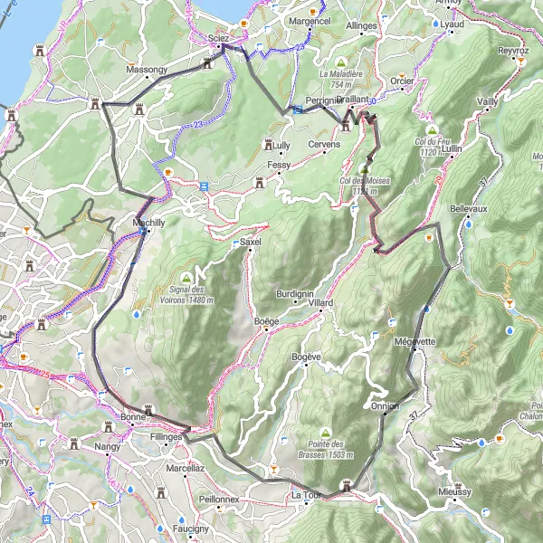 Miniaturní mapa "Okružní cyklistická trasa - Sciez a zpět" inspirace pro cyklisty v oblasti Rhône-Alpes, France. Vytvořeno pomocí plánovače tras Tarmacs.app