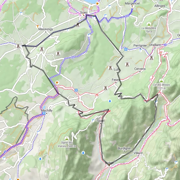 Map miniature of "The Chablais Adventure" cycling inspiration in Rhône-Alpes, France. Generated by Tarmacs.app cycling route planner