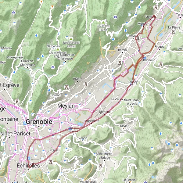 Miniatura della mappa di ispirazione al ciclismo "Tour della Campagna di Grenoble" nella regione di Rhône-Alpes, France. Generata da Tarmacs.app, pianificatore di rotte ciclistiche