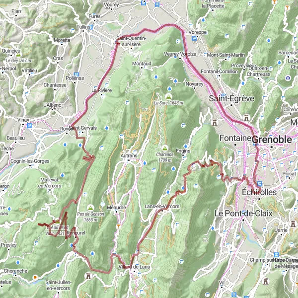 Miniatura della mappa di ispirazione al ciclismo "Avventura tra sentieri accidentati vicino a Échirolles" nella regione di Rhône-Alpes, France. Generata da Tarmacs.app, pianificatore di rotte ciclistiche