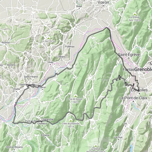 Miniatura della mappa di ispirazione al ciclismo "Road Route from Échirolles to Vercors" nella regione di Rhône-Alpes, France. Generata da Tarmacs.app, pianificatore di rotte ciclistiche