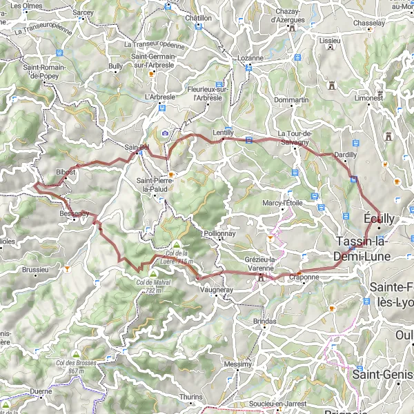 Kartminiatyr av "Grusvei Cycling: Écully - Grézieu-la-Varenne - Marmottes - Bessenay - Lentilly - Dardilly" sykkelinspirasjon i Rhône-Alpes, France. Generert av Tarmacs.app sykkelrutoplanlegger