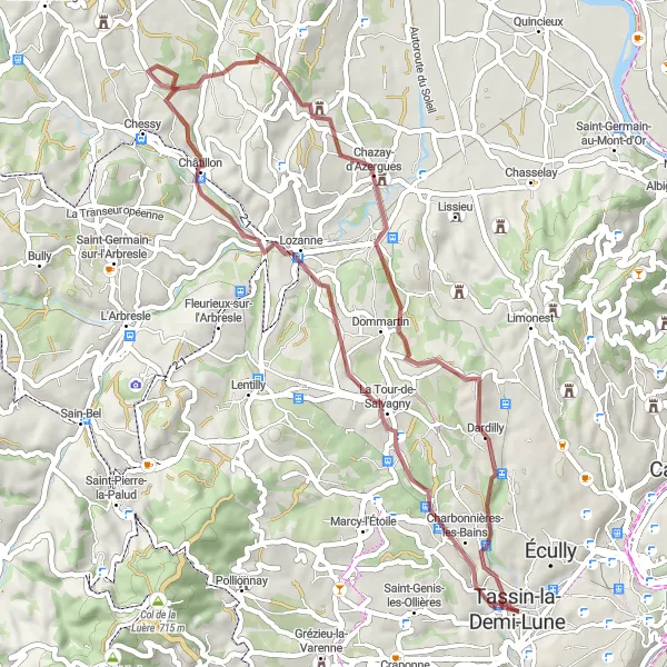 Map miniature of "Loop to Charbonnières" cycling inspiration in Rhône-Alpes, France. Generated by Tarmacs.app cycling route planner