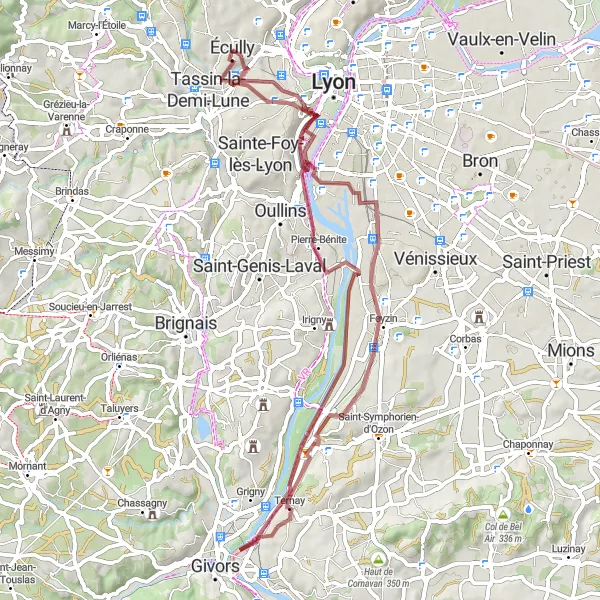 Miniature de la carte de l'inspiration cycliste "Exploration des sentiers gravel près de Lyon" dans la Rhône-Alpes, France. Générée par le planificateur d'itinéraire cycliste Tarmacs.app