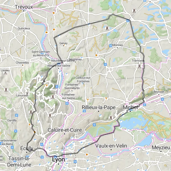 Map miniature of "Ecully - Villurbane Loop" cycling inspiration in Rhône-Alpes, France. Generated by Tarmacs.app cycling route planner