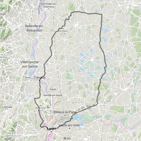 Karten-Miniaturansicht der Radinspiration "Panorama-Tour von Lyon nach Marlieux" in Rhône-Alpes, France. Erstellt vom Tarmacs.app-Routenplaner für Radtouren