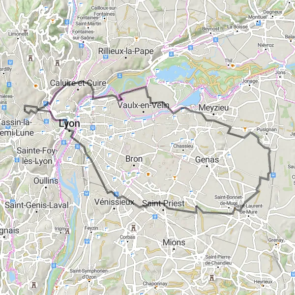 Kartminiatyr av "Landevei Cycling: Écully - Caluire-et-Cuire - Belvédère de Bourg - Décines-Charpieu - La Jetée - Saint-Bonnet-de-Mure - Saint-Priest - Lyon - Esplanade" sykkelinspirasjon i Rhône-Alpes, France. Generert av Tarmacs.app sykkelrutoplanlegger