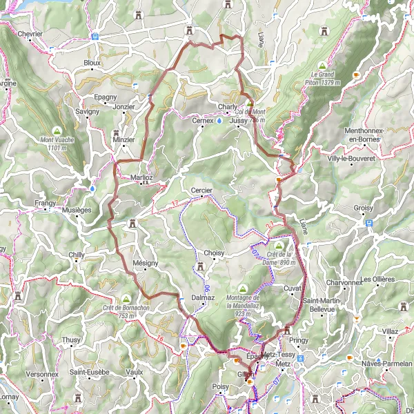 Miniatuurkaart van de fietsinspiratie "Gravelavontuur naar Mont Pelé en Château de Promery" in Rhône-Alpes, France. Gemaakt door de Tarmacs.app fietsrouteplanner