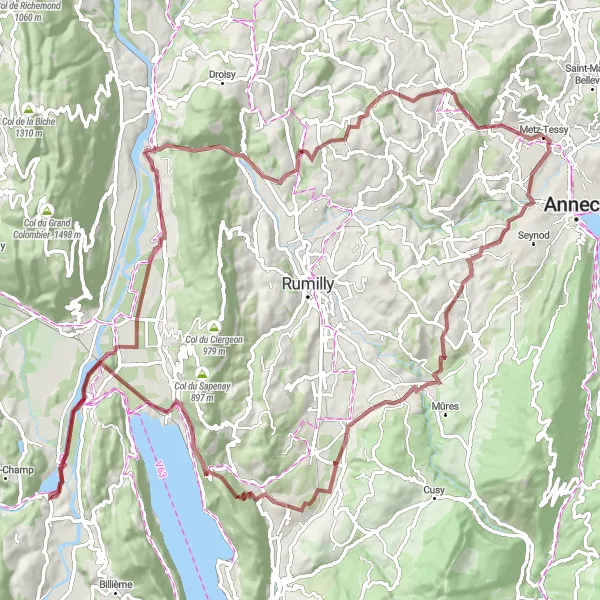 Miniatua del mapa de inspiración ciclista "Ruta de grava a través de paisajes sorprendentes" en Rhône-Alpes, France. Generado por Tarmacs.app planificador de rutas ciclistas