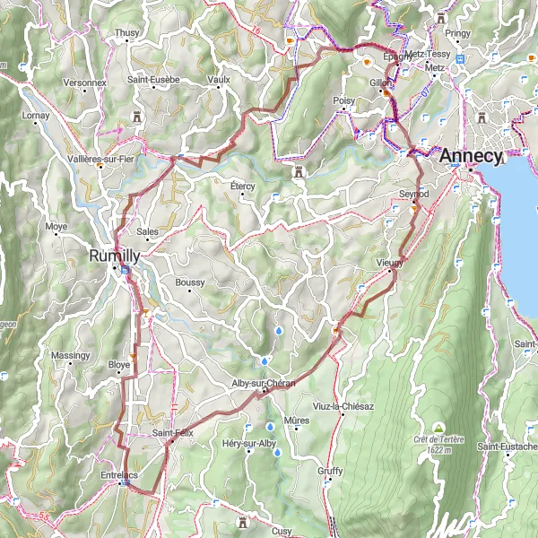 Miniature de la carte de l'inspiration cycliste "Tour du Lac d'Annecy en gravier" dans la Rhône-Alpes, France. Générée par le planificateur d'itinéraire cycliste Tarmacs.app